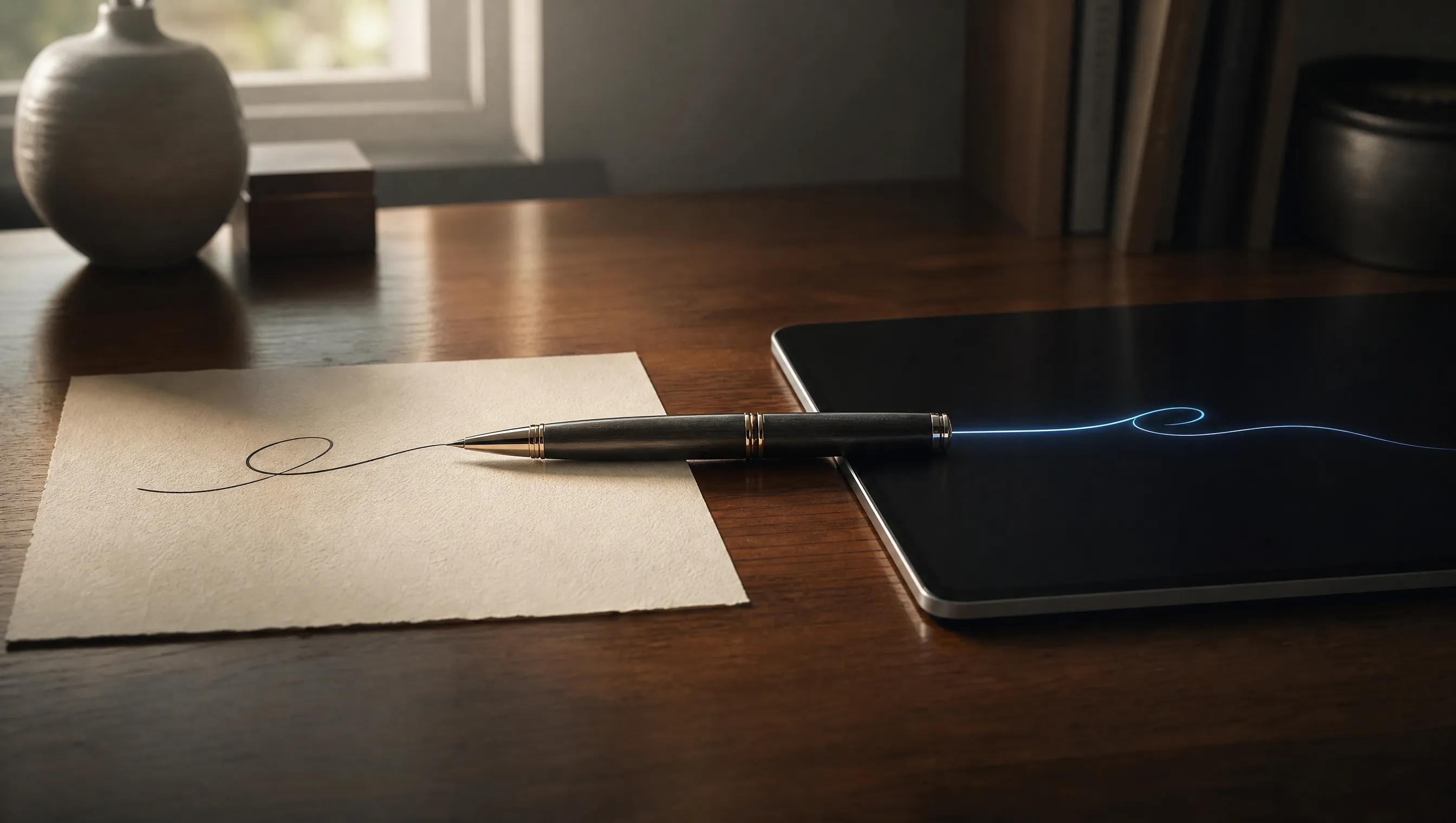 Stift überbrückt cremefarbenes Pergament mit Tintenlinie und ein Tablet mit fortgeführter Linie in leuchtendem Blau, ein Sinnbild für den Übergang vom analogen zum digitalen Notariat