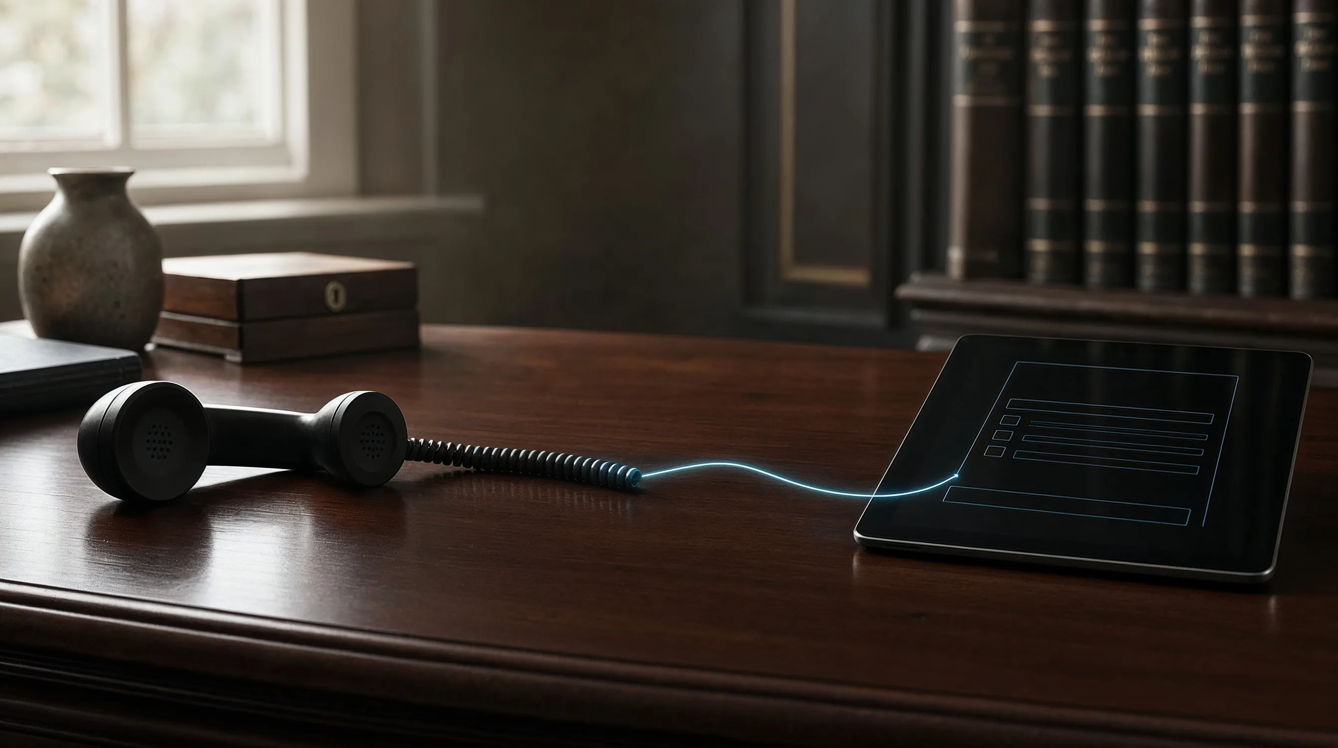 Ein klassischer Telefonhörer auf einem Mahagoni-Schreibtisch, dessen Kabel sich in eine leuchtende Linie verwandelt und in ein Tablet mit einem digitalen Formular übergeht
